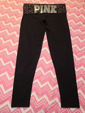 Y2K VS PINK Rainbow Leopard Bling Logo Foldover Yoga Leggings Size M